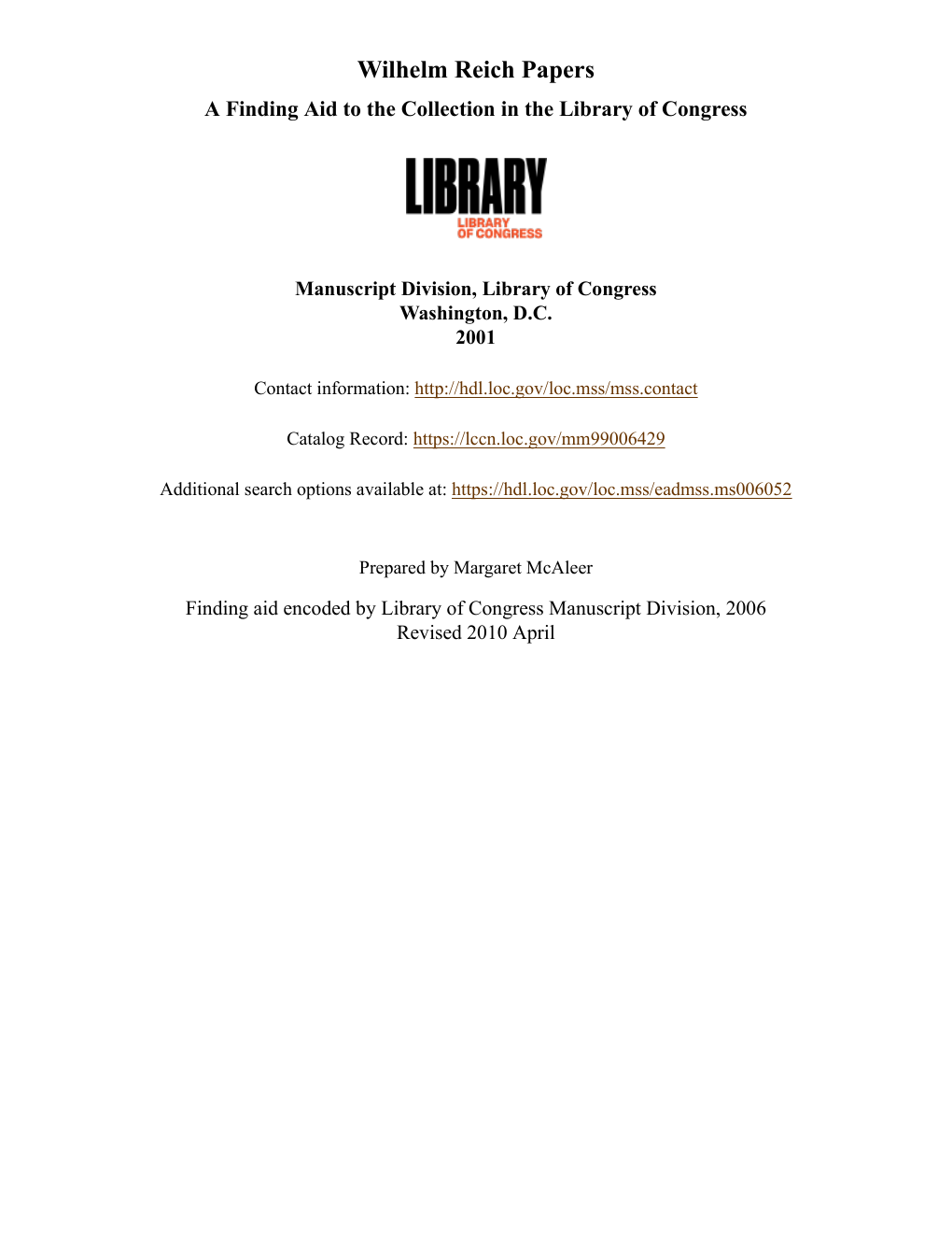 First page of the Library of Congress Wilhelm Reich Papers finding aid
